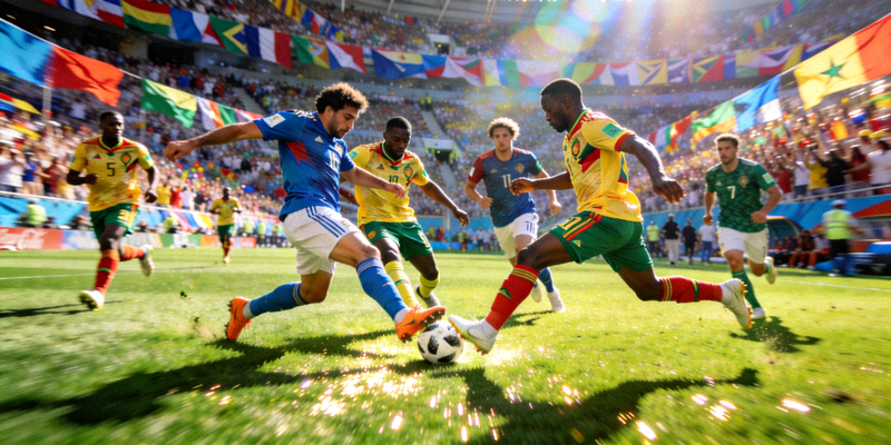 世界杯足球赛场上球员激烈拼抢的精彩瞬间